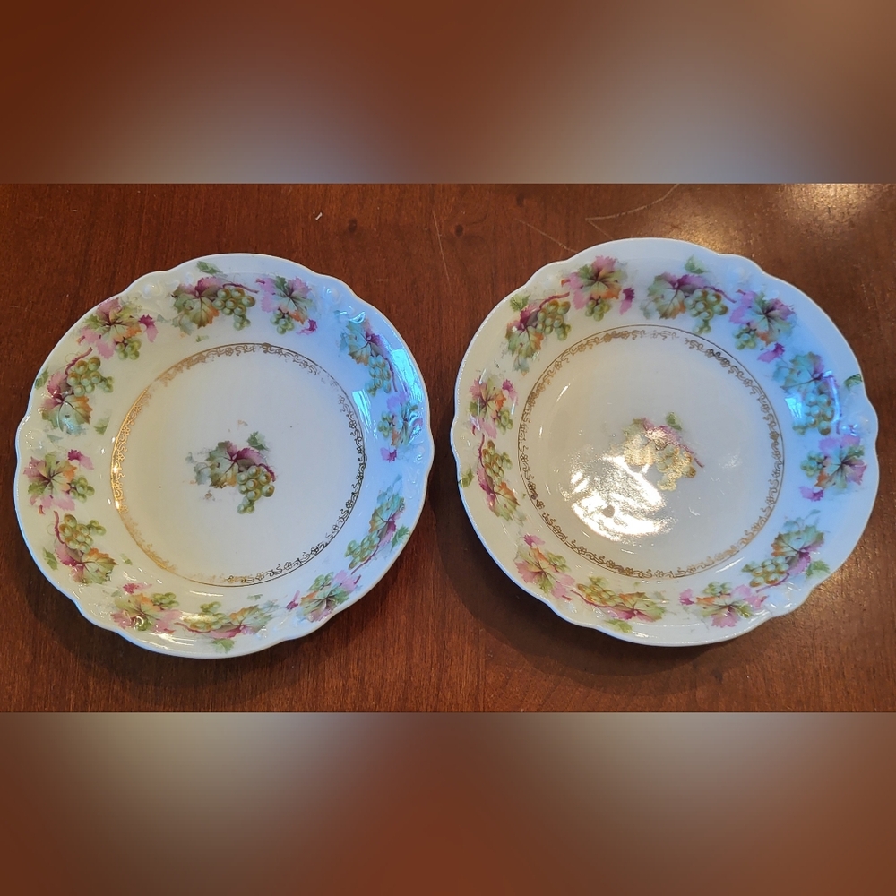 Set of 2 Antique Bavaria Porcelain China Grapes Leaves White Gold Dessert Berry